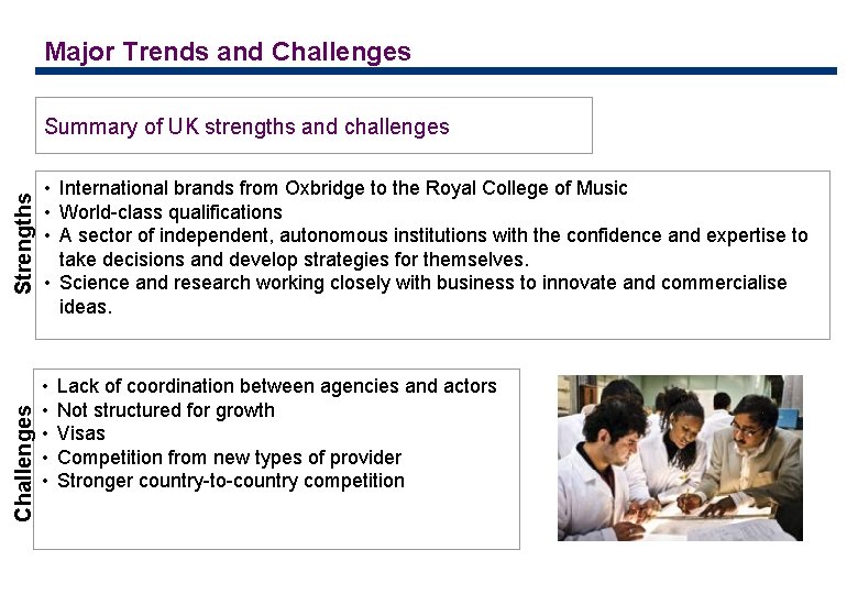 Major Trends and Challenges Strengths Summary of UK strengths and challenges • International brands