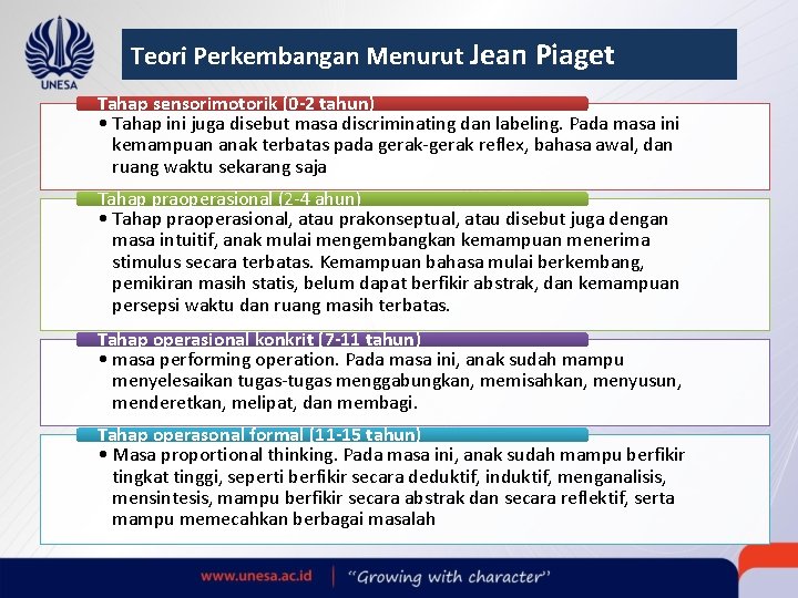 Teori Perkembangan Menurut Jean Piaget Tahap sensorimotorik (0 -2 tahun) • Tahap ini juga