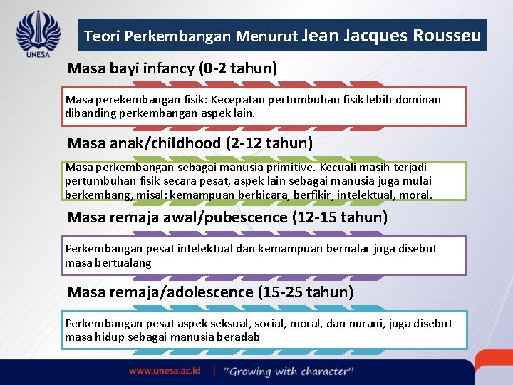 Teori Perkembangan Menurut Jean Jacques Rousseu Masa bayi infancy (0 -2 tahun) Masa perekembangan