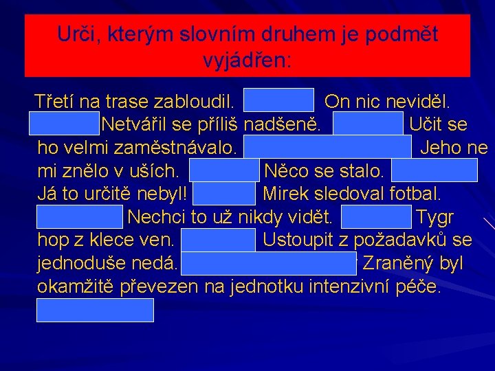 Urči, kterým slovním druhem je podmět vyjádřen: Třetí na trase zabloudil. Třetí - 4