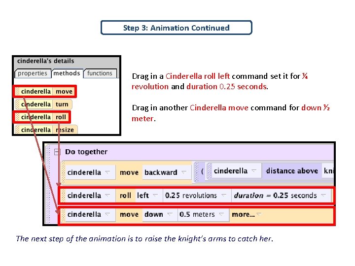Step 3: Animation Continued Drag in a Cinderella roll left command set it for