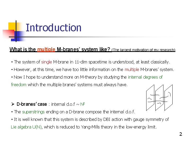 Introduction What is the multiple M-branes’ system like? (The largest motivation of my research)