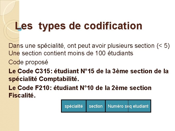 Les types de codification Dans une spécialité, ont peut avoir plusieurs section (< 5) Les types de codification Dans une spécialité, ont peut avoir plusieurs section (< 5)