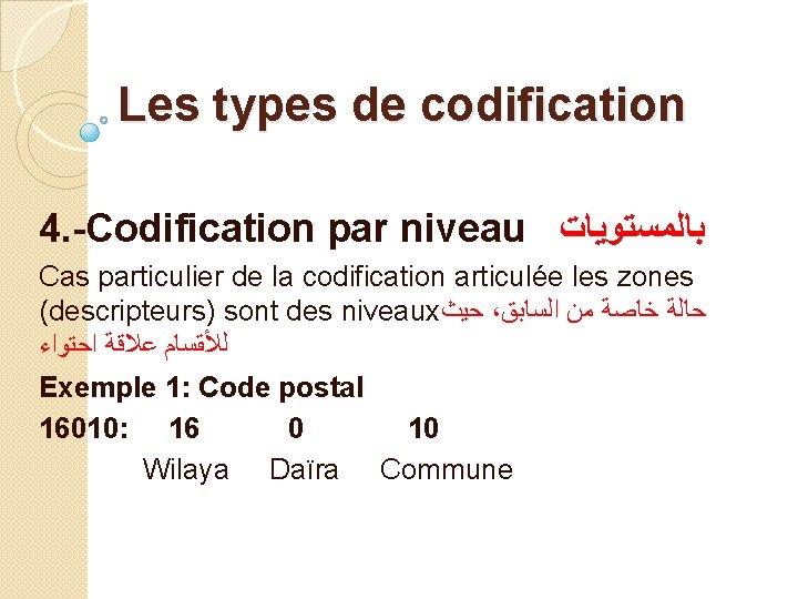 Les types de codification 4. -Codification par niveau ﺑﺎﻟﻤﺴﺘﻮﻳﺎﺕ Cas particulier de la codification Les types de codification 4. -Codification par niveau ﺑﺎﻟﻤﺴﺘﻮﻳﺎﺕ Cas particulier de la codification