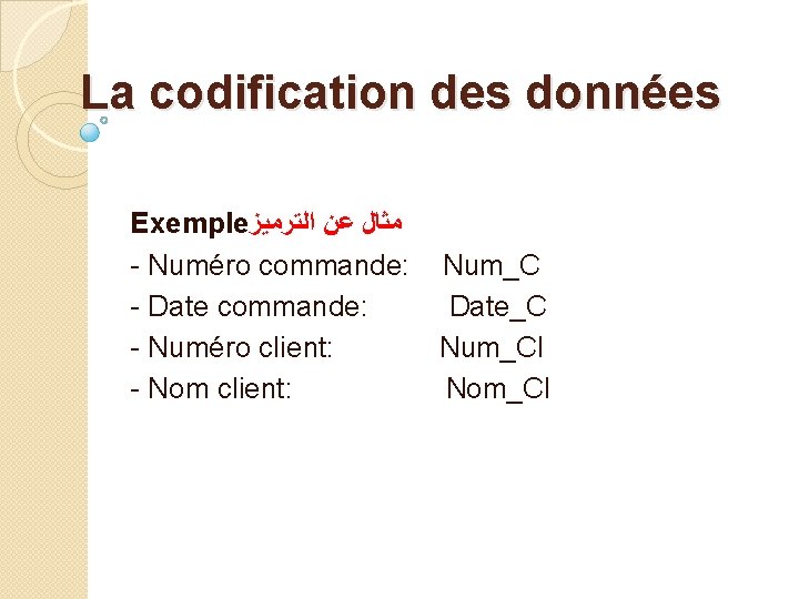 La codification des données Exemple ﻣﺜﺎﻝ ﻋﻦ ﺍﻟﺘﺮﻣﻴﺰ - Numéro commande: - Date commande: La codification des données Exemple ﻣﺜﺎﻝ ﻋﻦ ﺍﻟﺘﺮﻣﻴﺰ - Numéro commande: - Date commande: