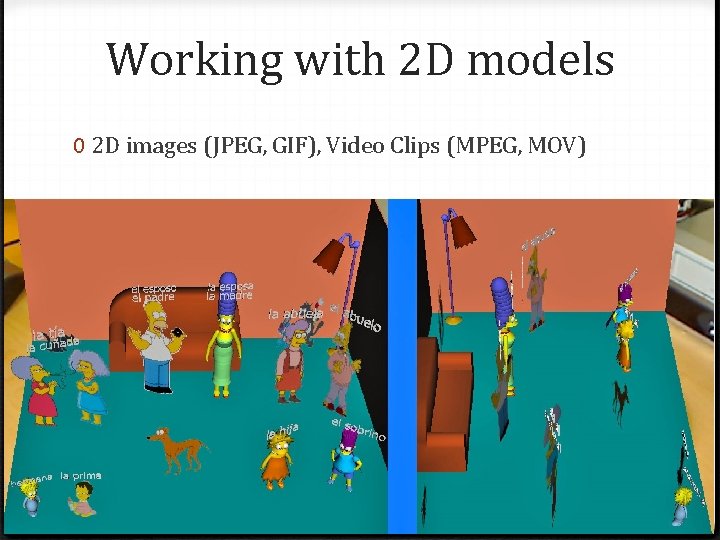 Working with 2 D models 0 2 D images (JPEG, GIF), Video Clips (MPEG,