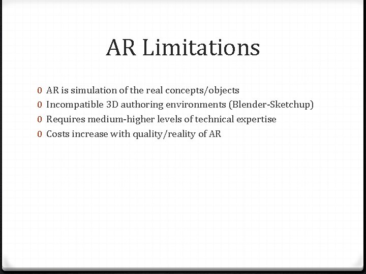 AR Limitations 0 0 AR is simulation of the real concepts/objects Incompatible 3 D