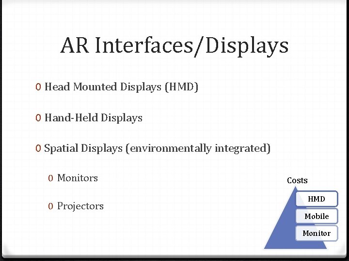 AR Interfaces/Displays 0 Head Mounted Displays (HMD) 0 Hand-Held Displays 0 Spatial Displays (environmentally