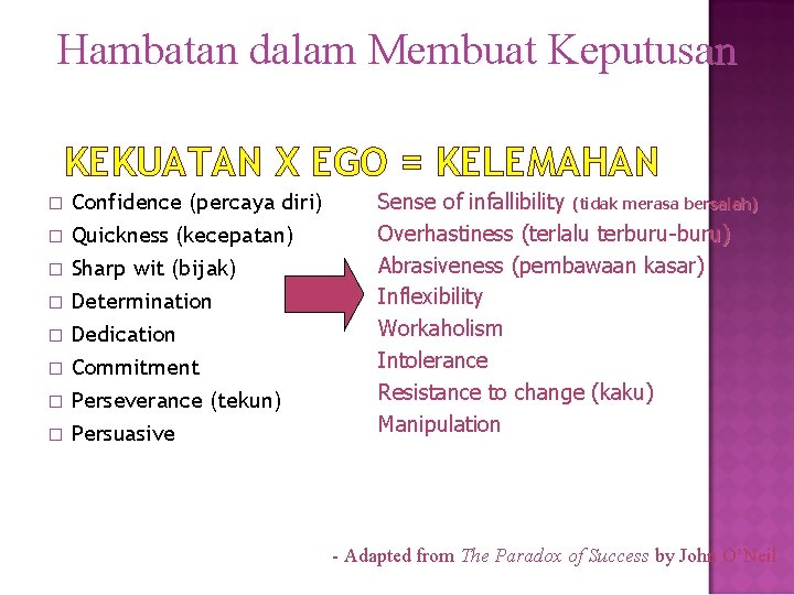 Hambatan dalam Membuat Keputusan KEKUATAN X EGO = KELEMAHAN � � � � Confidence