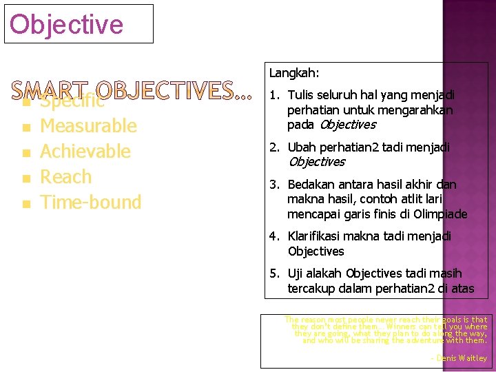 Objective Langkah: n n n Specific Measurable Achievable Reach Time-bound 1. Tulis seluruh hal