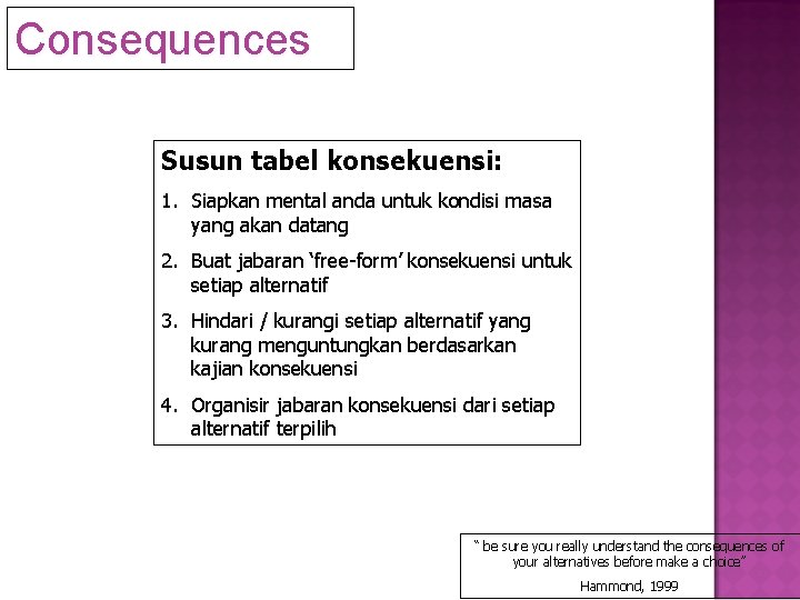 Consequences Susun tabel konsekuensi: 1. Siapkan mental anda untuk kondisi masa yang akan datang