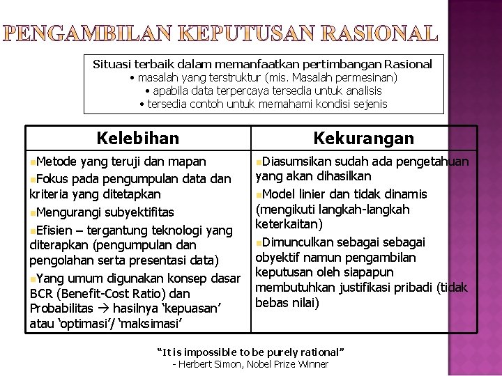 Situasi terbaik dalam memanfaatkan pertimbangan Rasional • masalah yang terstruktur (mis. Masalah permesinan) •