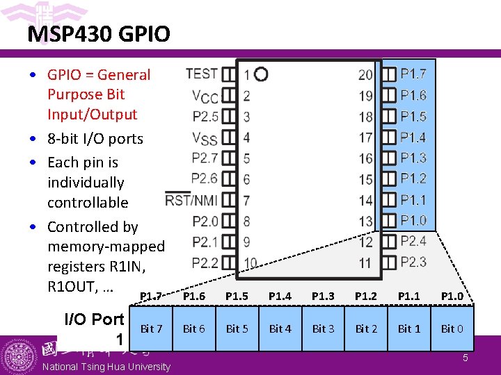 MSP 430 GPIO • GPIO = General Purpose Bit Input/Output • 8 -bit I/O