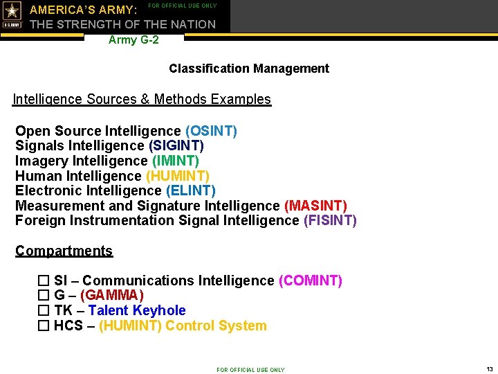 FOR OFFICIAL USE ONLY AMERICA’S ARMY: THE STRENGTH OF THE NATION Army G-2 Classification