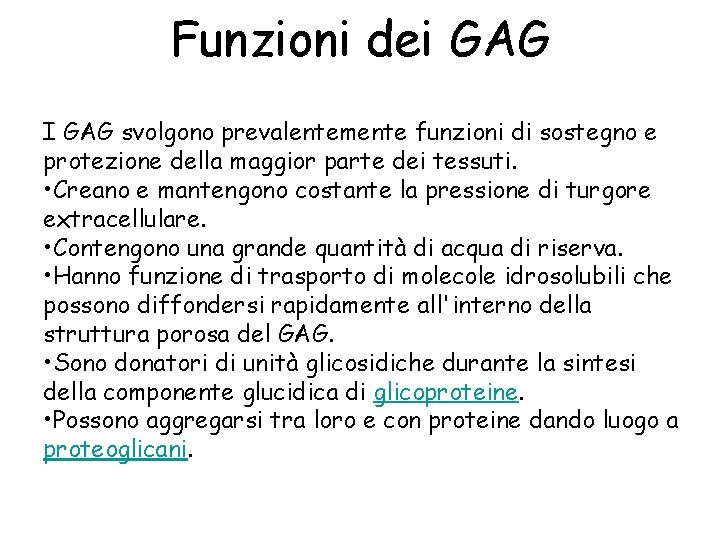 Funzioni dei GAG I GAG svolgono prevalentemente funzioni di sostegno e protezione della maggior