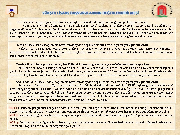 GERİ Tezli Yüksek Lisans programına başvuran adayların değerlendirilmesi ve programa yerleştirilmesinde: ALES puanının %60’ı,