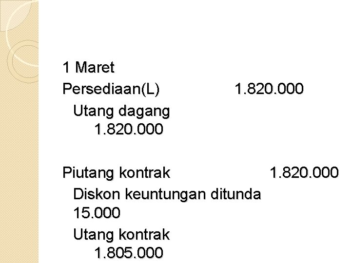 1 Maret Persediaan(L) Utang dagang 1. 820. 000 Piutang kontrak 1. 820. 000 Diskon