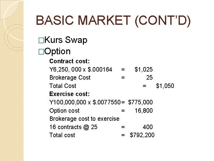 BASIC MARKET (CONT’D) �Kurs Swap �Option Contract cost: Y 6, 250, 000 x $.