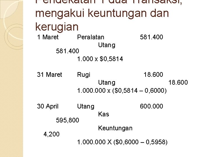 Pendekatan 1 dua Transaksi, mengakui keuntungan dan kerugian 1 Maret Peralatan Utang 581. 400