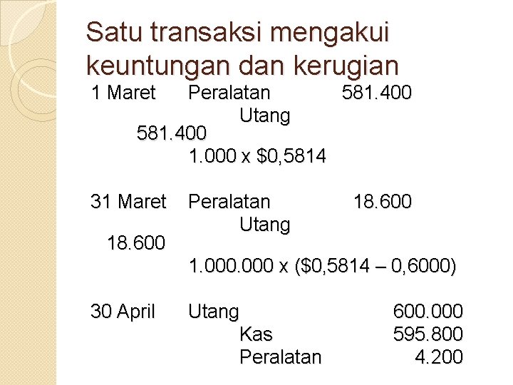 Satu transaksi mengakui keuntungan dan kerugian 1 Maret Peralatan 581. 400 Utang 581. 400