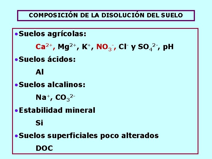 COMPOSICIÓN DE LA DISOLUCIÓN DEL SUELO • Suelos agrícolas: Ca 2+, Mg 2+, K+,