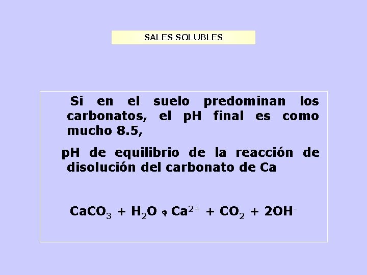 SALES SOLUBLES Si en el suelo predominan los carbonatos, el p. H final es