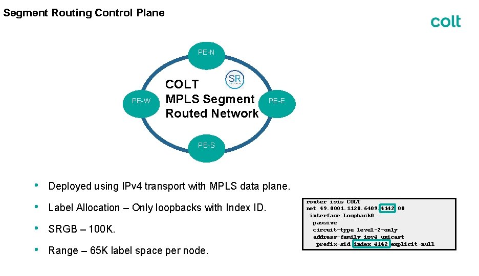 Segment Routing Control Plane PE-N PE-W COLT MPLS Segment Routed Network PE-E PE-S •