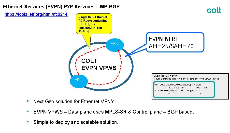 Ethernet Services (EVPN) P 2 P Services – MP-BGP https: //tools. ietf. org/html/rfc 8214