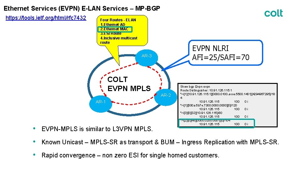 Ethernet Services (EVPN) E-LAN Services – MP-BGP https: //tools. ietf. org/html/rfc 7432 Four Routes