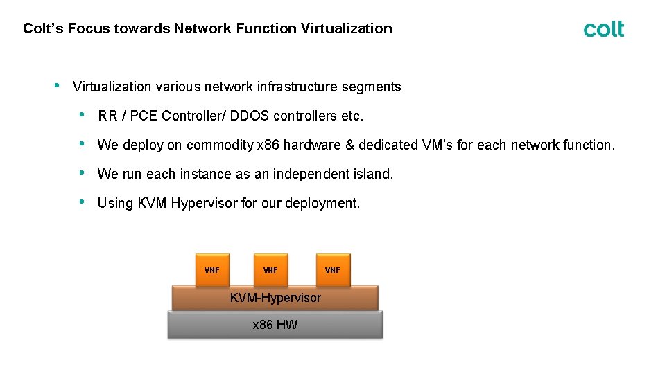 Colt’s Focus towards Network Function Virtualization • Virtualization various network infrastructure segments • RR