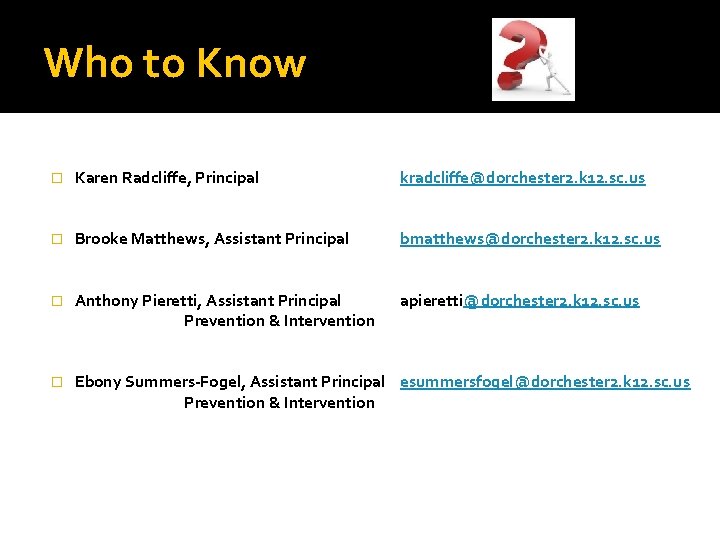 Who to Know � Karen Radcliffe, Principal kradcliffe@dorchester 2. k 12. sc. us �