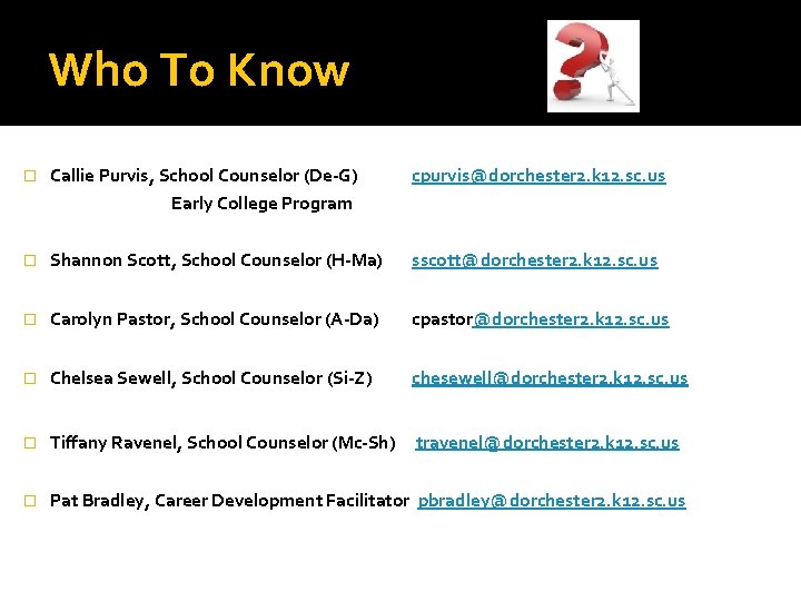 Who To Know � Callie Purvis, School Counselor (De-G) Early College Program cpurvis@dorchester 2.