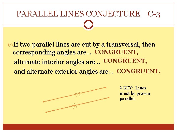 PARALLEL LINES CONJECTURE C-3 If two parallel lines are cut by a transversal, then