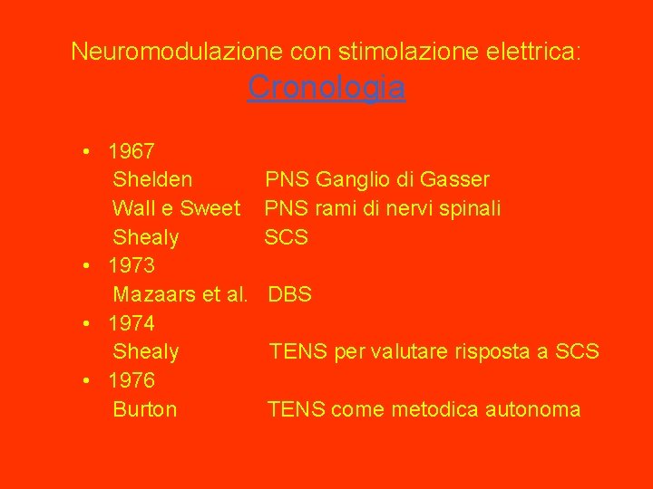 Neuromodulazione con stimolazione elettrica: Cronologia • 1967 Shelden Wall e Sweet Shealy • 1973