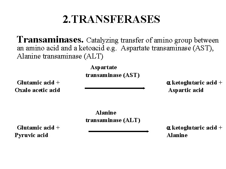 2. TRANSFERASES Transaminases. Catalyzing transfer of amino group between an amino acid and a