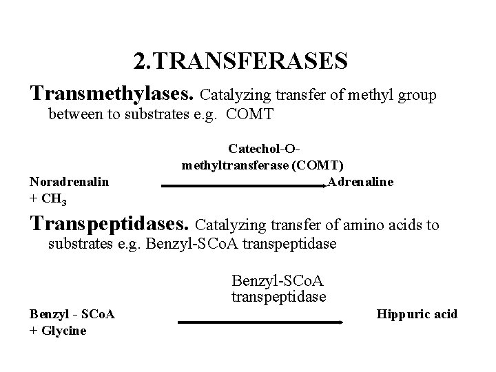 2. TRANSFERASES Transmethylases. Catalyzing transfer of methyl group between to substrates e. g. COMT