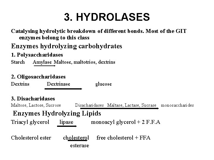 3. HYDROLASES Catalysing hydrolytic breakdown of different bonds. Most of the GIT enzymes belong