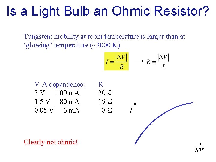 Is a Light Bulb an Ohmic Resistor? Tungsten: mobility at room temperature is larger Is a Light Bulb an Ohmic Resistor? Tungsten: mobility at room temperature is larger
