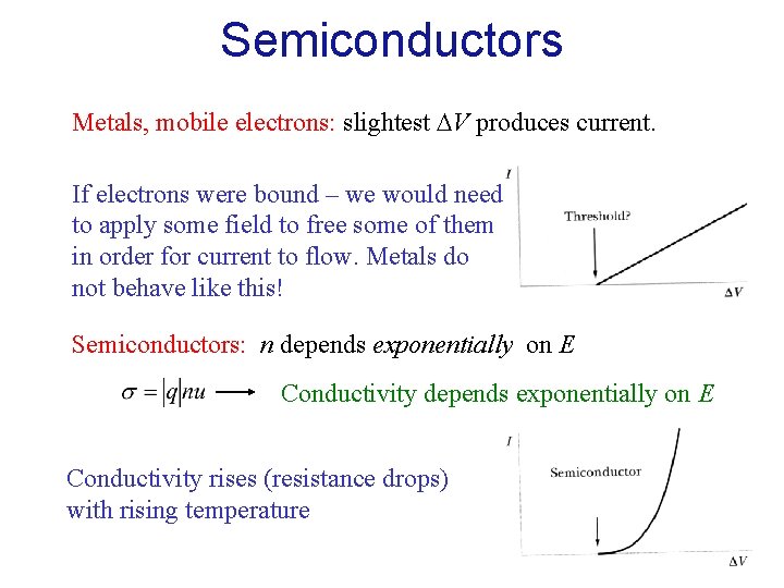 Semiconductors Metals, mobile electrons: slightest V produces current. If electrons were bound – we Semiconductors Metals, mobile electrons: slightest V produces current. If electrons were bound – we