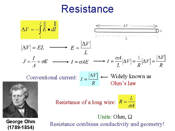 Resistance Conventional current: Widely known as Ohm’s law Resistance of a long wire: George Resistance Conventional current: Widely known as Ohm’s law Resistance of a long wire: George