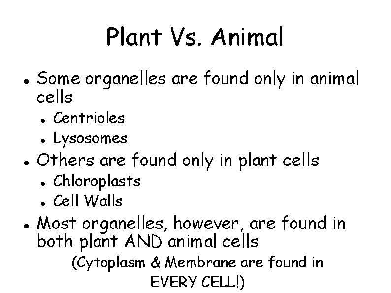 Plant Vs. Animal Some organelles are found only in animal cells Others are found