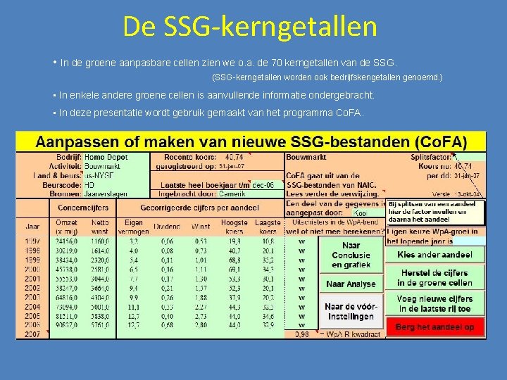 De SSG-kerngetallen • In de groene aanpasbare cellen zien we o. a. de 70