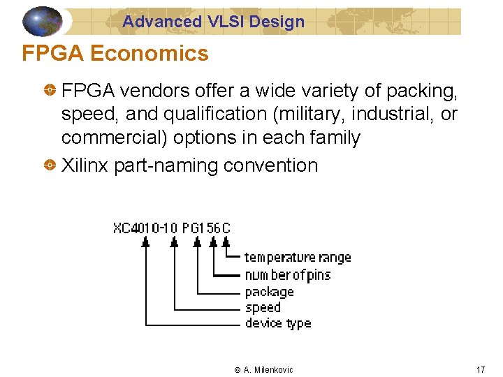 Advanced VLSI Design FPGA Economics FPGA vendors offer a wide variety of packing, speed,