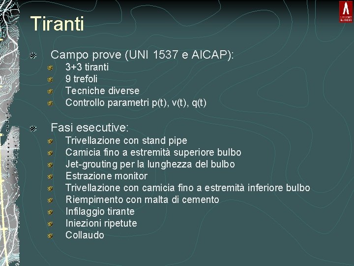 Tiranti Campo prove (UNI 1537 e AICAP): 3+3 tiranti 9 trefoli Tecniche diverse Controllo