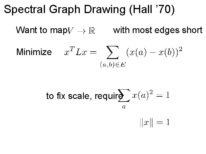 Spectral Graph Drawing (Hall ’ 70) Want to map with most edges short Minimize