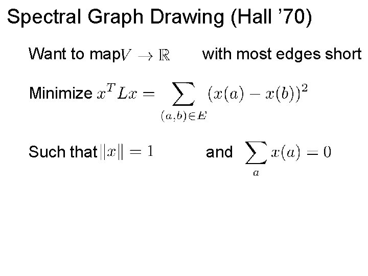 Spectral Graph Drawing (Hall ’ 70) Want to map with most edges short Minimize