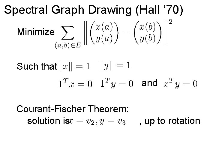 Spectral Graph Drawing (Hall ’ 70) Minimize Such that and Courant-Fischer Theorem: solution is