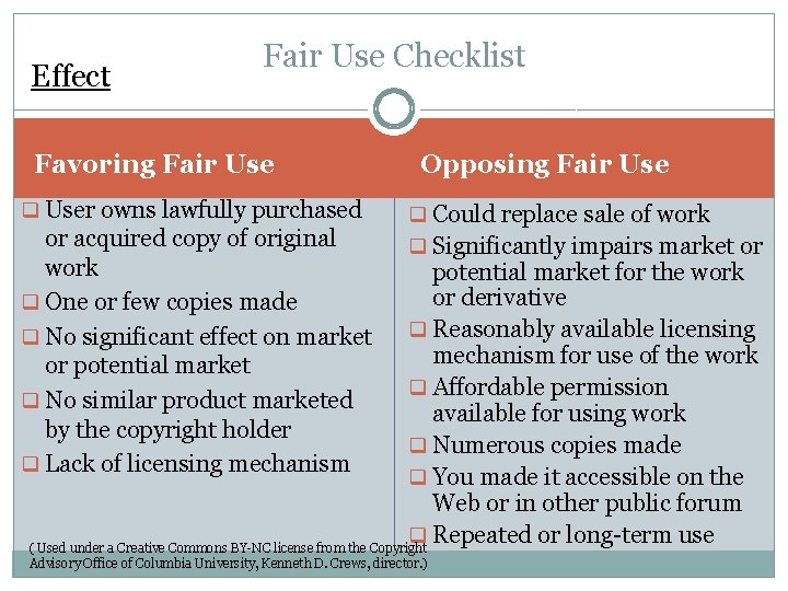 Effect Fair Use Checklist Favoring Fair Use q User owns lawfully purchased or acquired