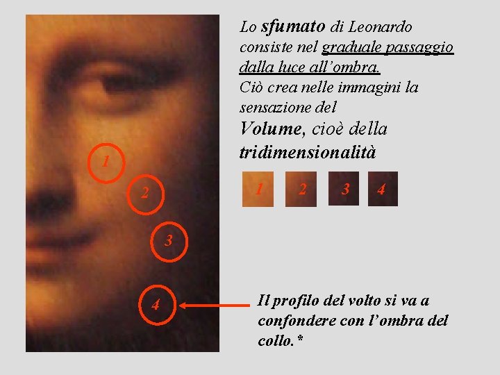 Lo sfumato di Leonardo consiste nel graduale passaggio dalla luce all’ombra. Ciò crea nelle