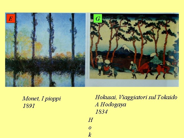 E G Hokusai, Viaggiatori sul Tokaido A Hodogaya 1834 Monet, I pioppi 1891 H
